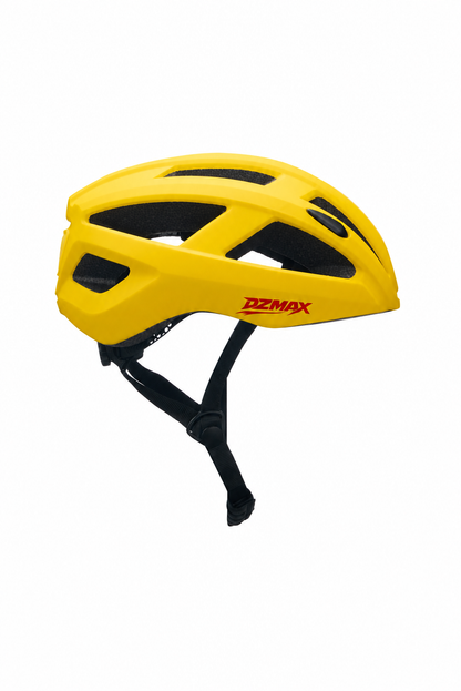 DZMAX QX-1 Bluetooth bicycle helmet in Yellow with red logo, side view